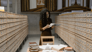 Woman searching through European archives